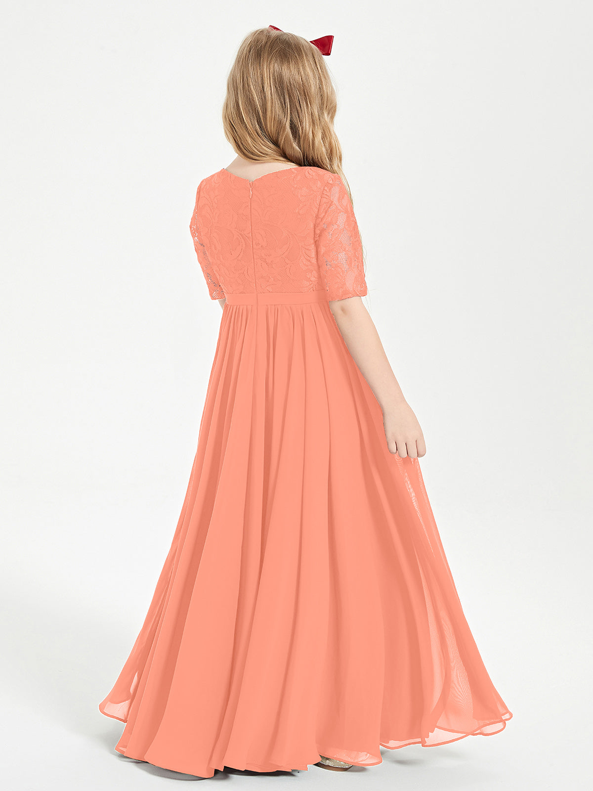 Long Junior Bridesmaid Gown Lace Top Half Sleeves Sunset